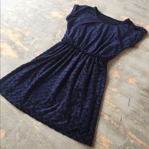 Navy Blue Chevron Mesh Velvet 2-Layer Dress